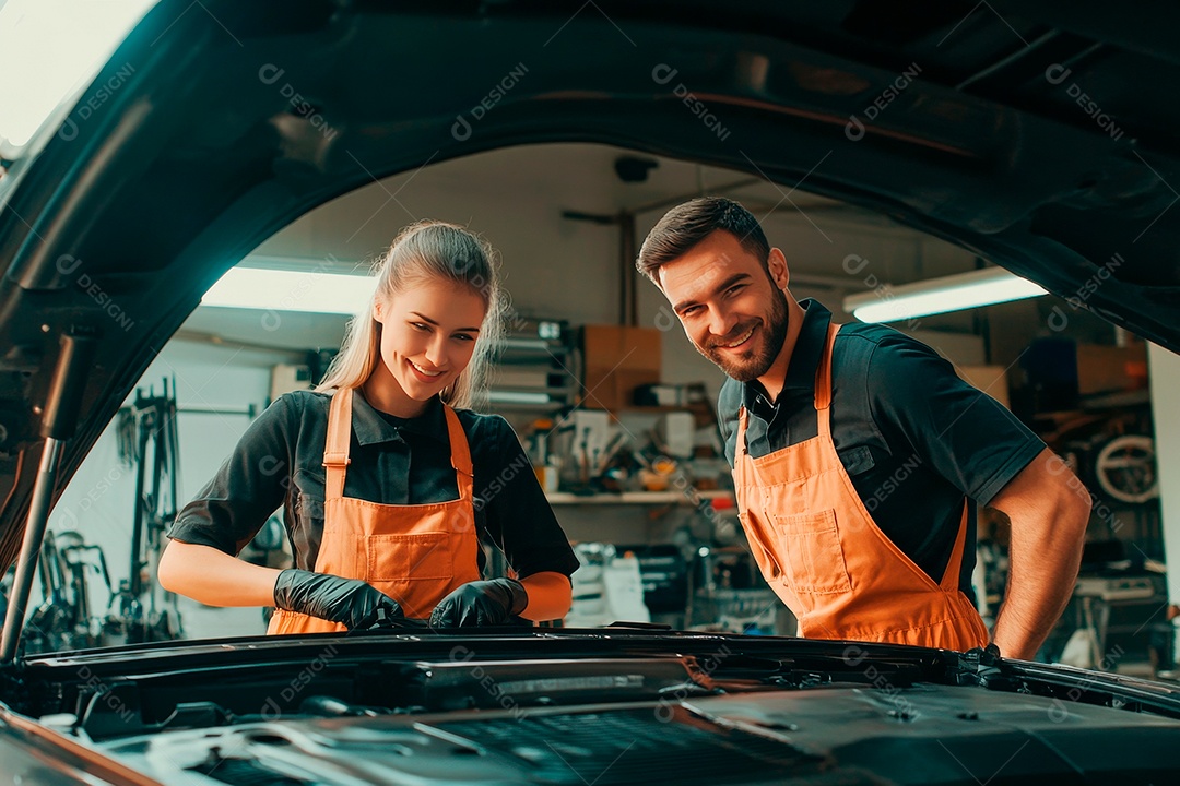 Homem e Mulher jovens mecânicos sobre oficina.