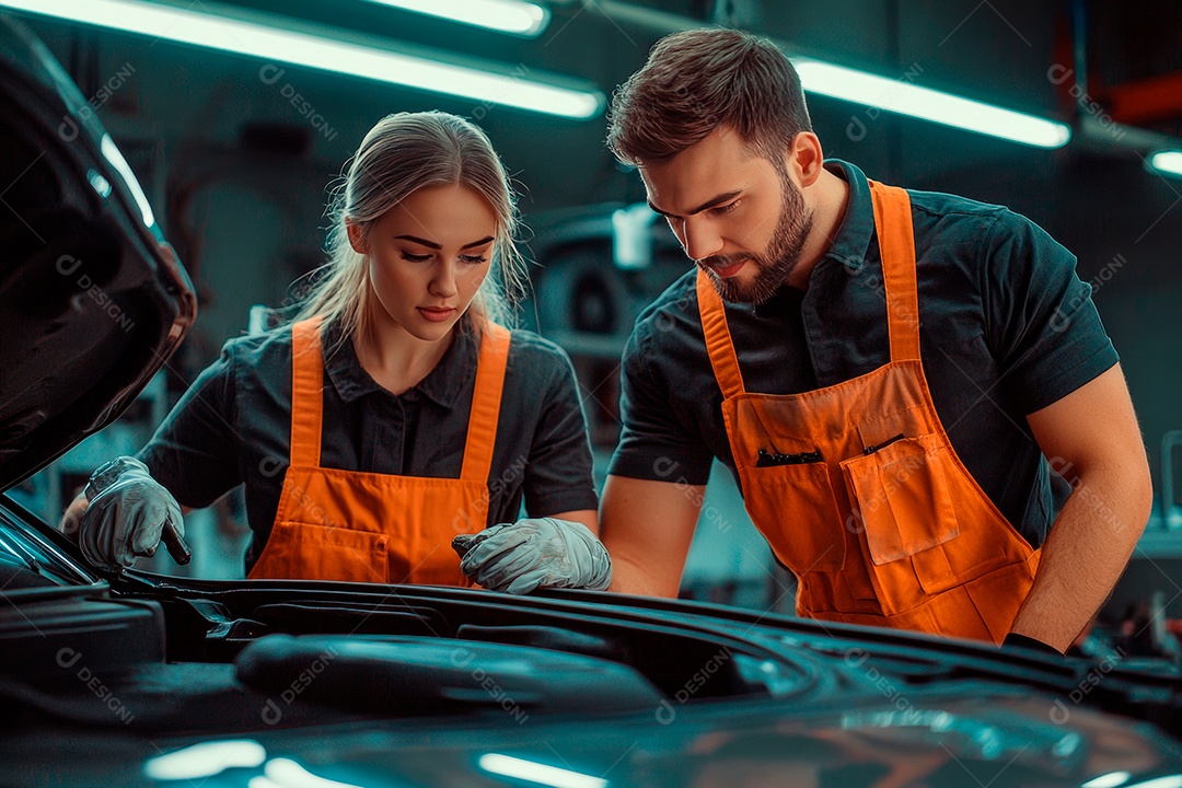 Homem e Mulher jovens mecânicos sobre oficina.