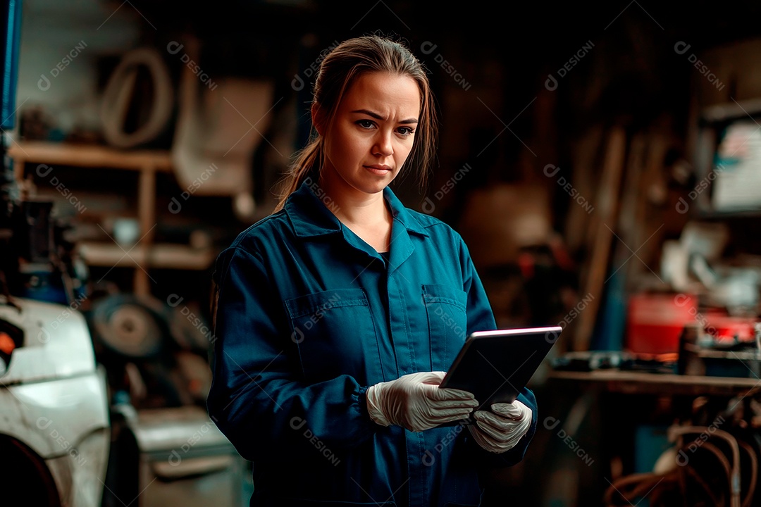 Mulher jovem mecânico sobre oficina.