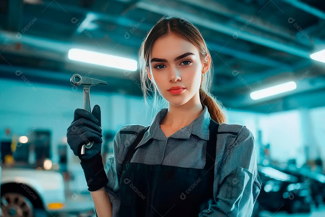 Mulher jovem mecânico sobre oficina.