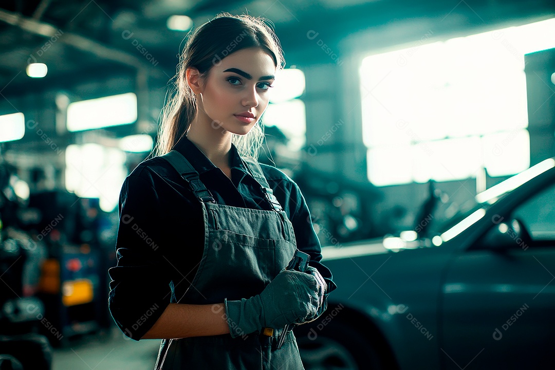 Mulher jovem mecânico sobre oficina.