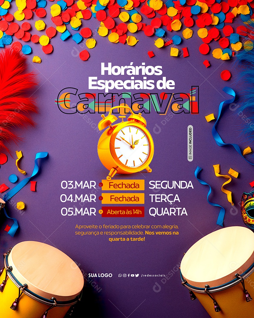 Comunicado Carnaval Horários Especiais Social Media PSD Editável