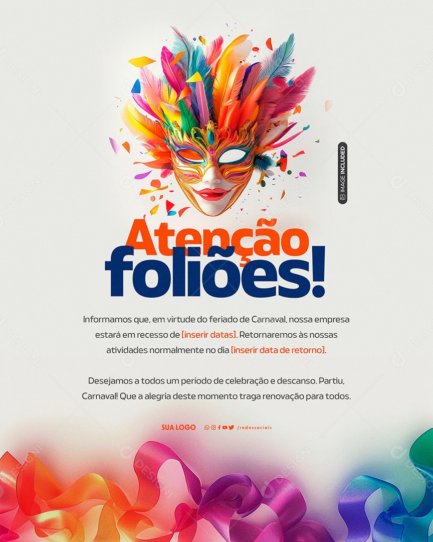 Comunicado Carnaval Atenção Foliões Social Media PSD Editável