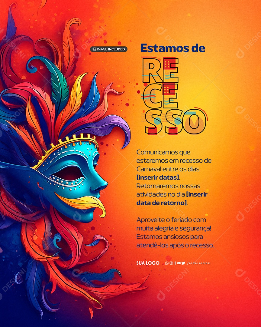 Comunicado Carnaval Recesso Social Media PSD Editável