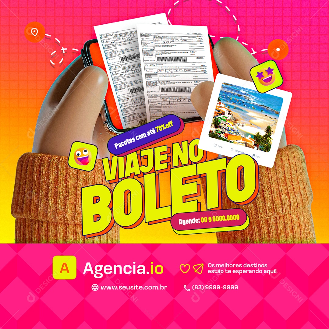 Agência de Viagens Viaje no Boleto Pacotes com Até 70% Off Social Media PSD Editável