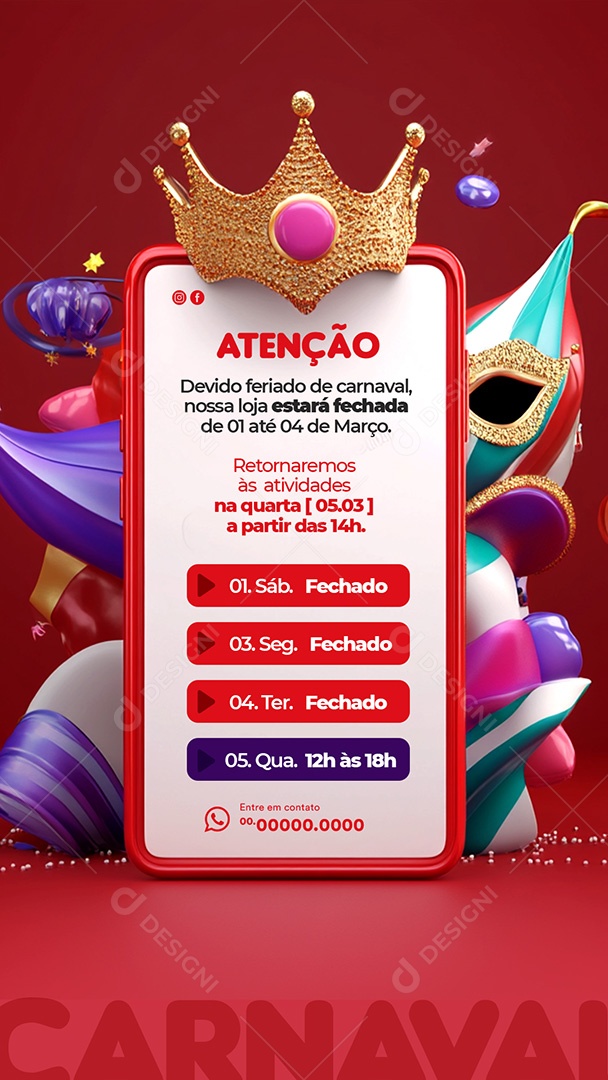 Story Atenção Foliões Aviso de Funcionamento no Carnaval 2025 Social Media PSD Editável