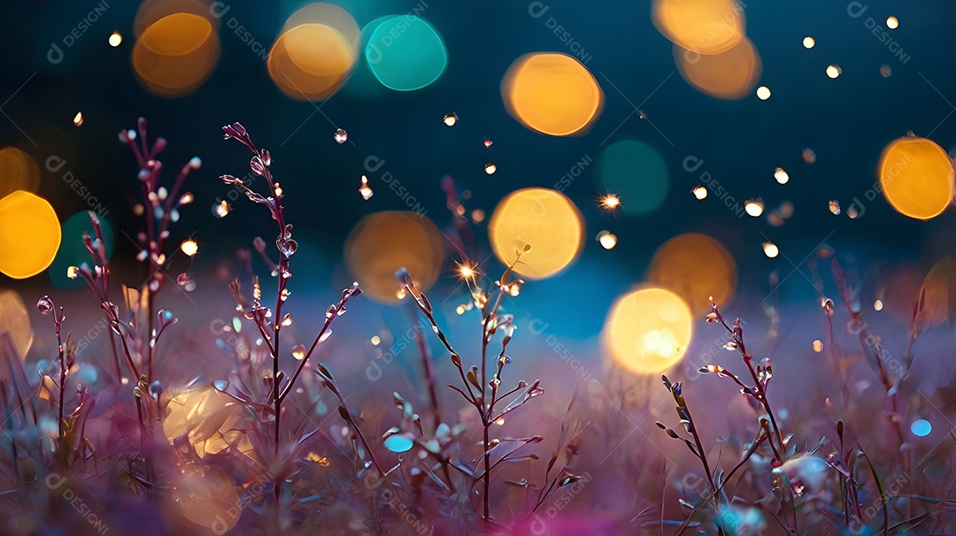 Galhos de algumas plantinhas com luzes e pontinhos coloridos