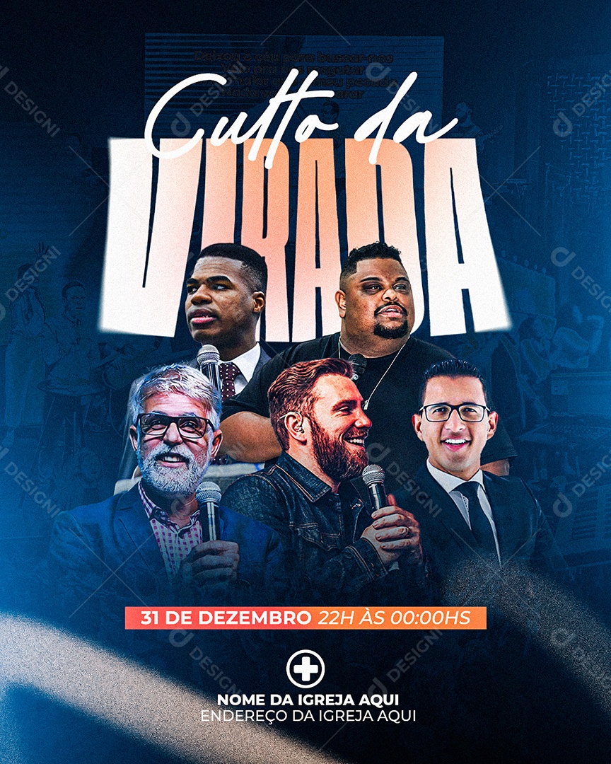 Flyer Gospel Culto da Virada Social Media PSD Editável