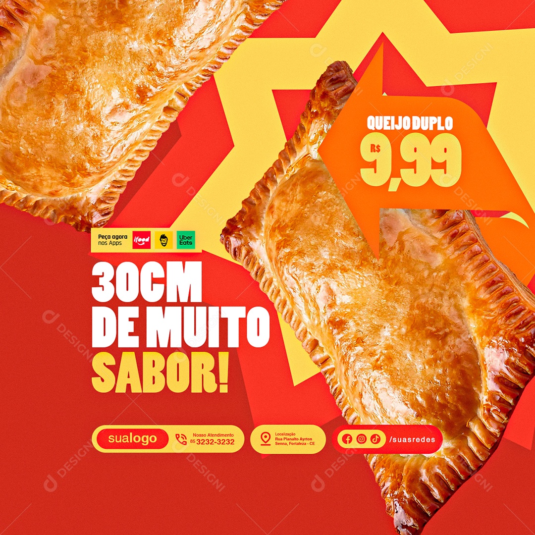 Pastelaria Queijo Duplo 30CM de Muito Sabor Social Media PSD Editável