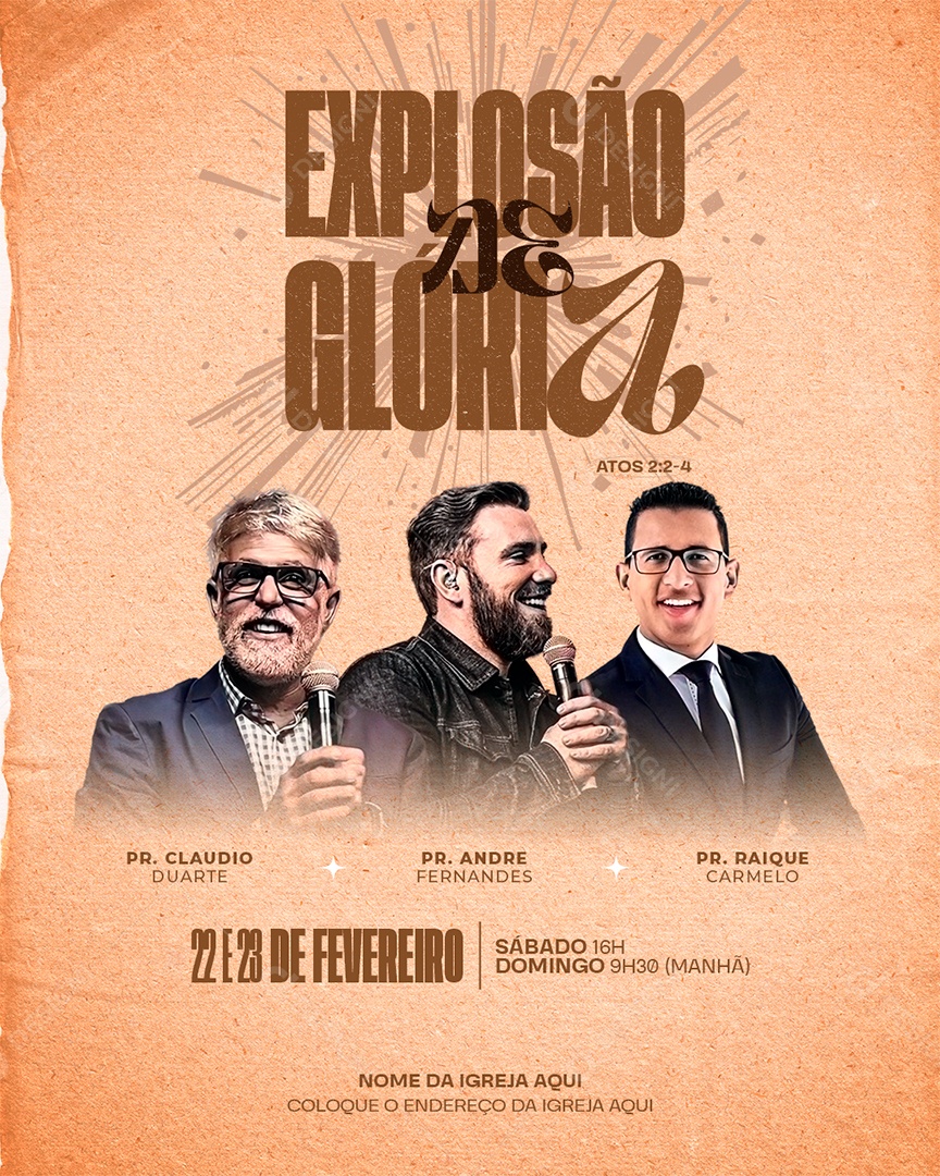 Flyer Gospel Culto Explosão de Glórias Social Media PSD Editável