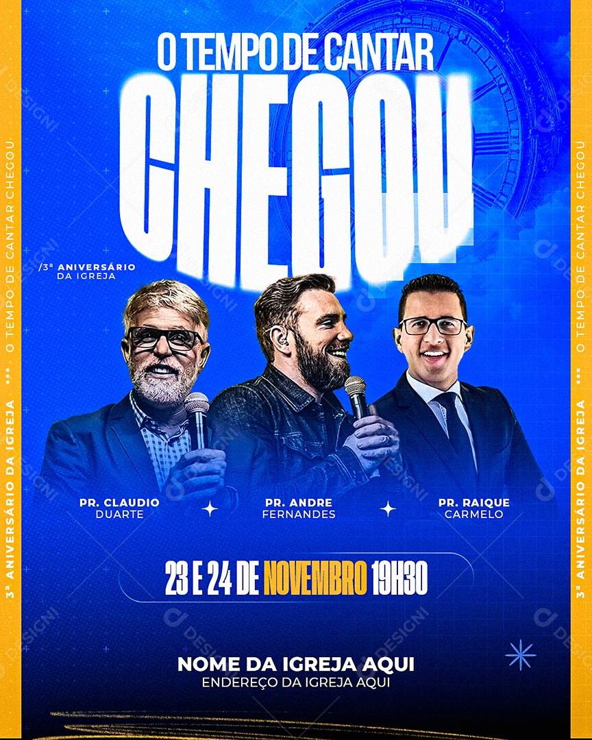 Flyer Gospel Culto O Tempo de Cantar Chegou Social Media PSD Editável