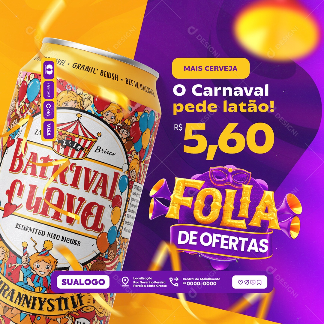 Folia De Ofertas Cervejaria Mais Cerveja o Carnaval Pede Latão Social Media PSD Editável