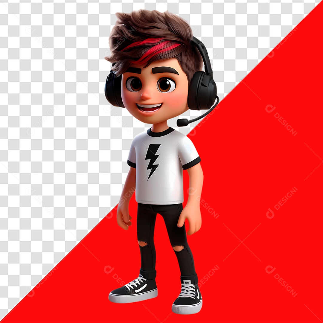 Personagem Jovem Usando Fone Feliz Sorridente PSD Editável