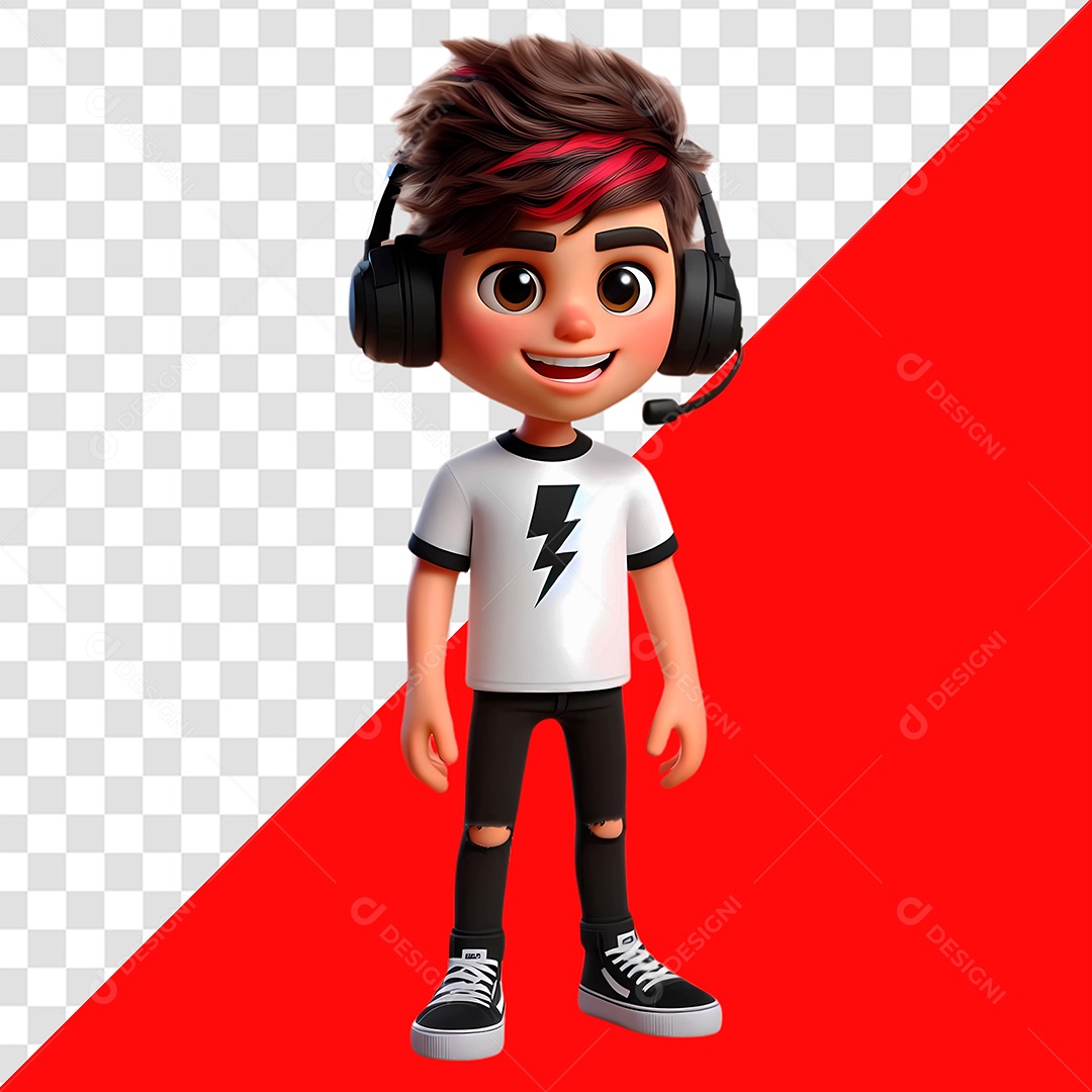 Personagem Jovem Usando Fone Feliz Sorridente PSD Editável