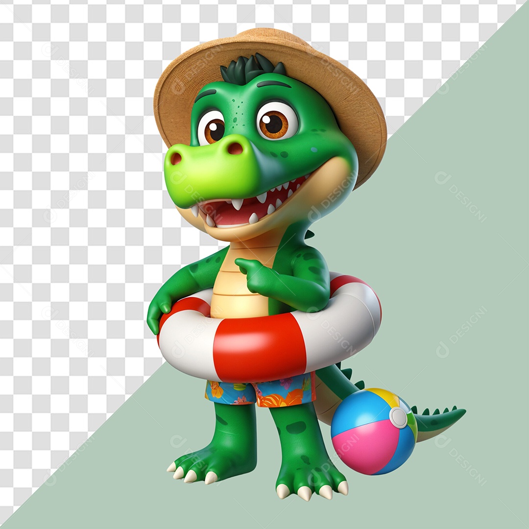 Personagem Jacaré Com Boia e Bola de Praia para Composição PSD