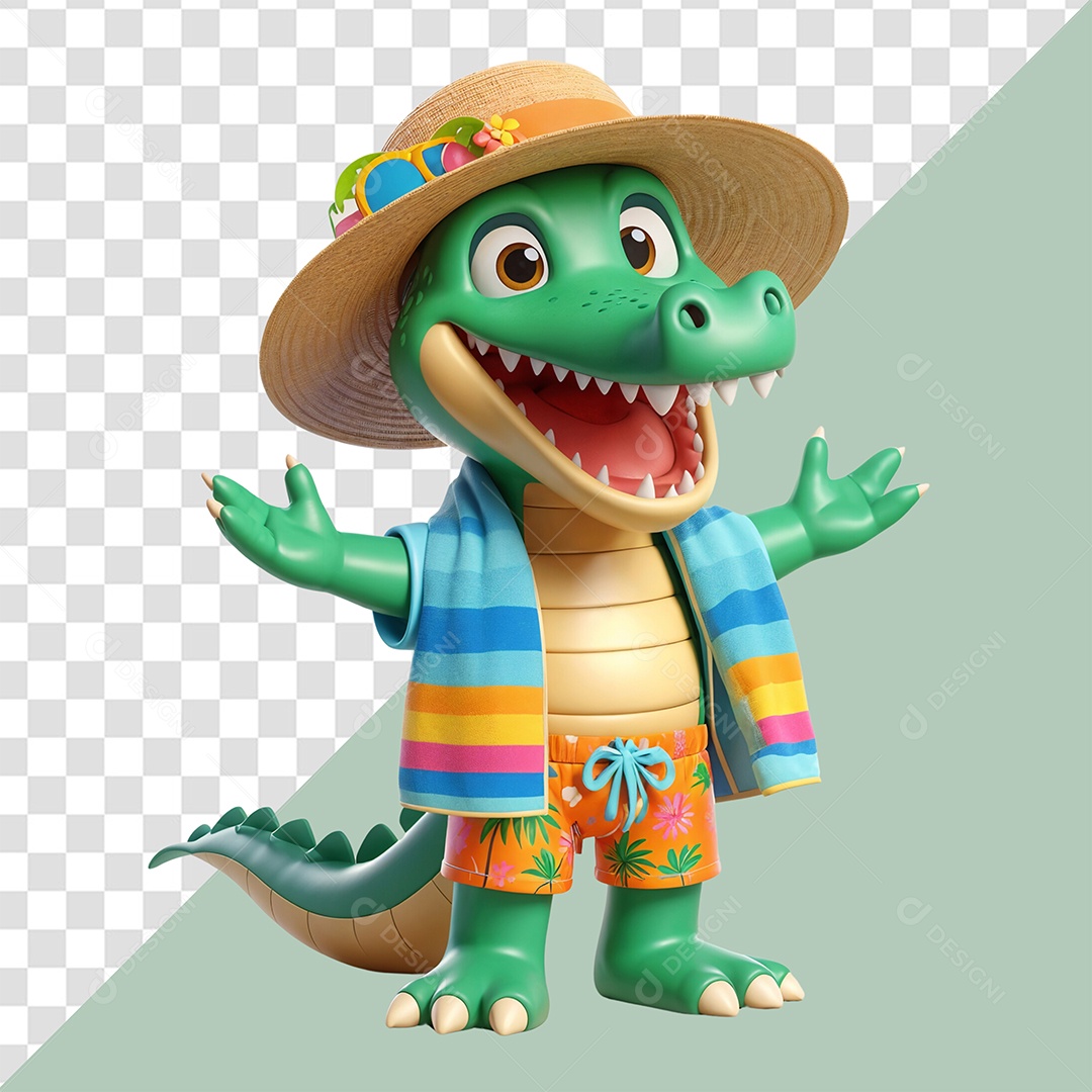 Personagem Jacaré Com Estilo de Praia Feliz Sorridente para Composição PSD