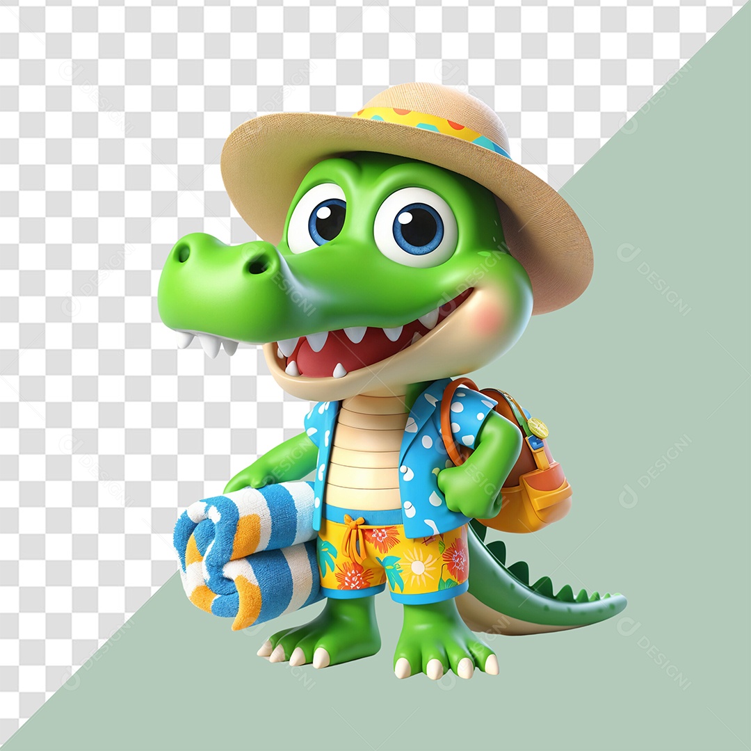 Personagem Jacaré Com Feliz Estilo de Praia para Composição PSD