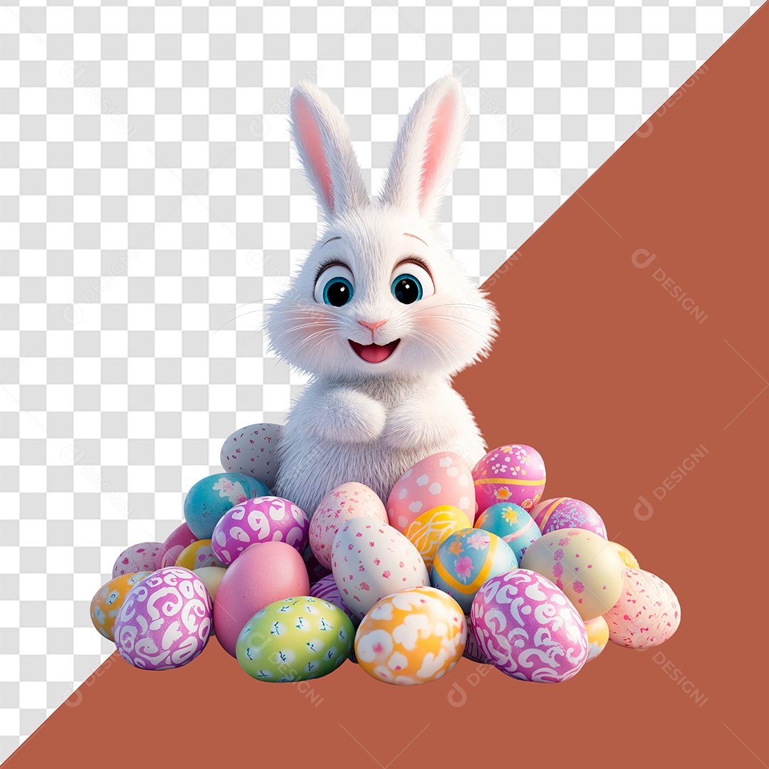 Coelho Sentado em Ovos de Páscoa Elemento 3D para Composição PSD