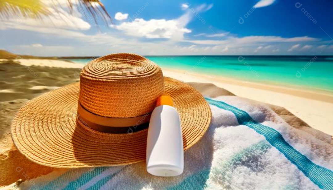 Chapéu de palha Firefly sobre uma toalha de praia com óculos de sol ao lado e um frasco branco de protetor solar sobre fundo de uma praia