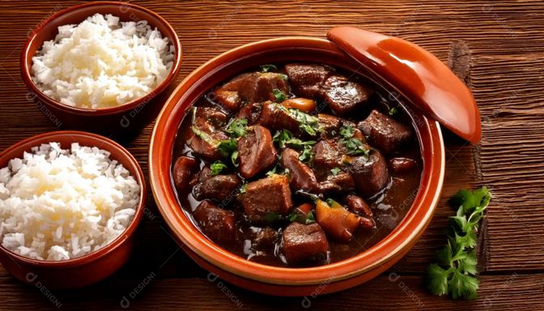 Deliciosa feijoada brasileira ao lado de tigelas com arroz farofa vinagre e repolho picado