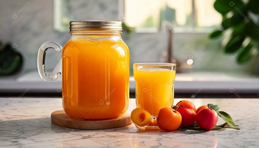 Vista frontal de um frasco transparente de suco de acerola com um copo transparente ao lado e assim por diante