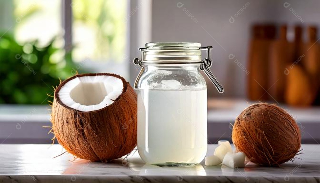 Vista frontal de um frasco transparente de água de coco em um ambiente de cozinha moderno