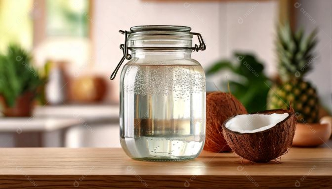 Vista frontal de um frasco transparente de água de coco em um ambiente de cozinha moderno