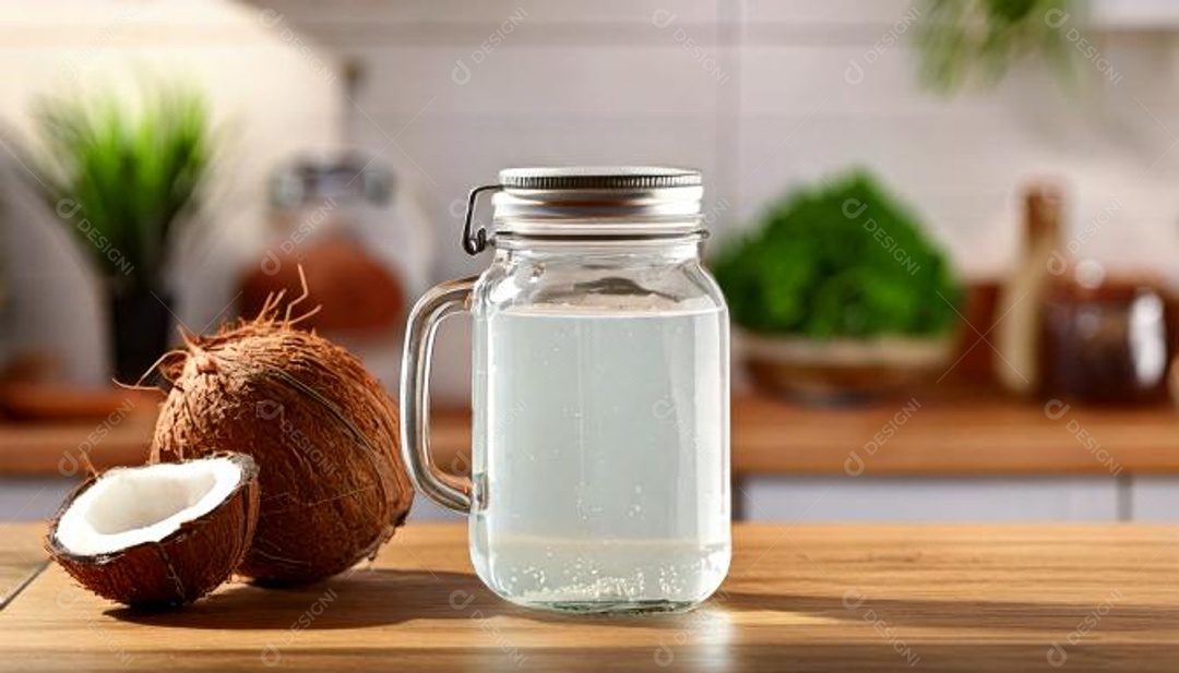 Vista frontal de um frasco transparente de água de coco em um ambiente de cozinha moderno