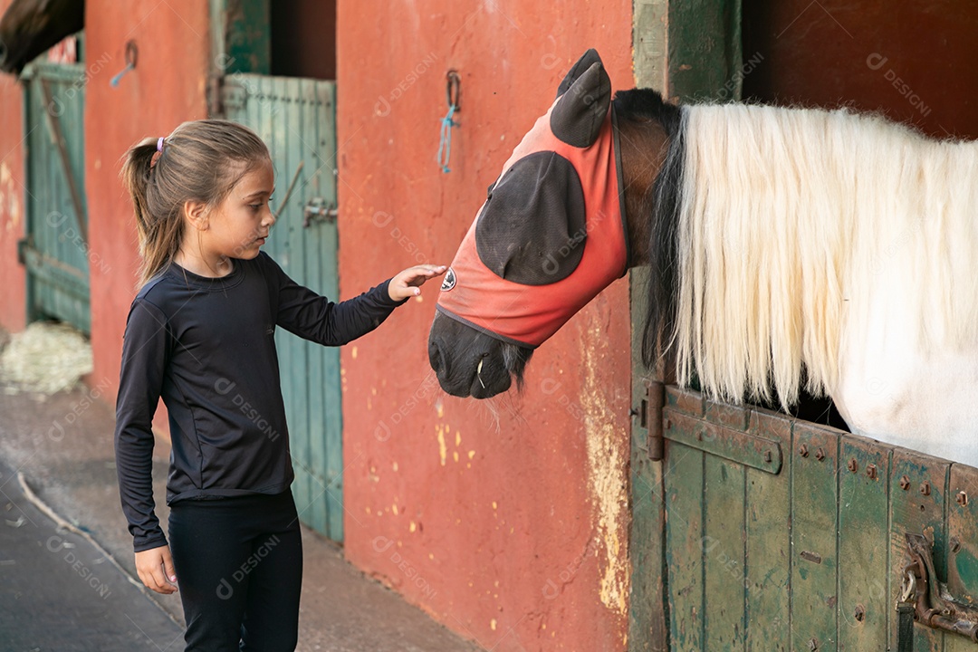 Garota linda acarissiando cavalo sobre uma fazenda