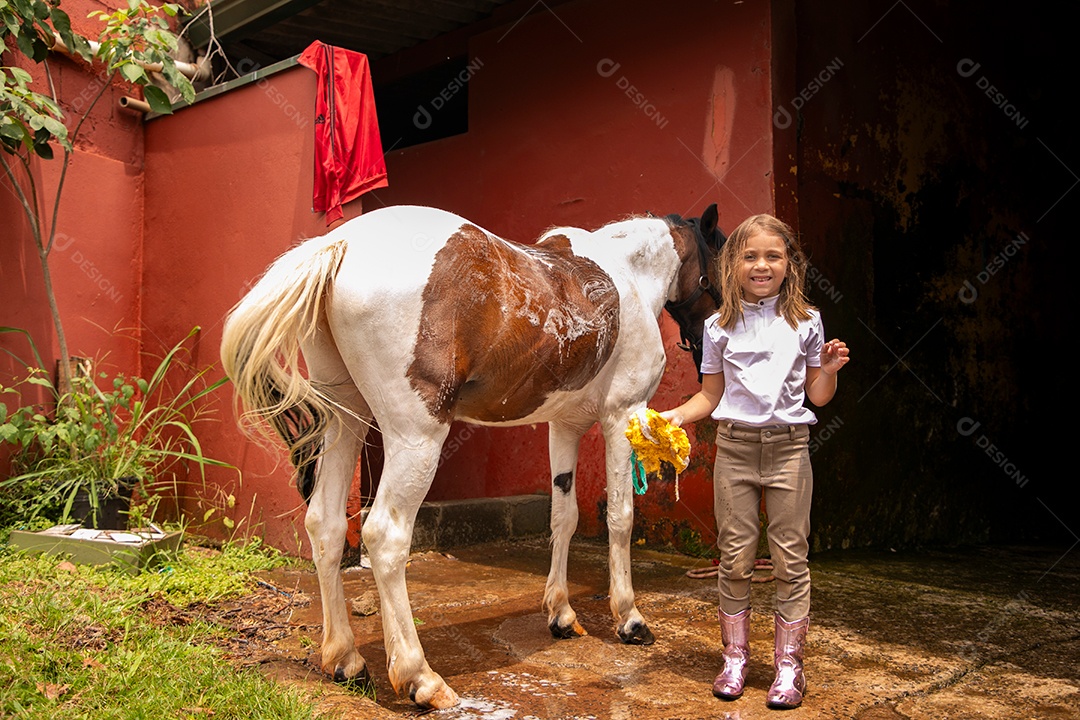 Garota linda dando banho em um cavalo sobre uma fazenda