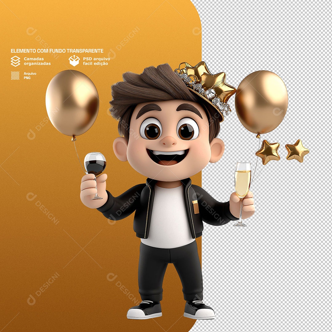 Personagem Feliz Comemorando Ano Novo Elemento 3D Para Composição PSD