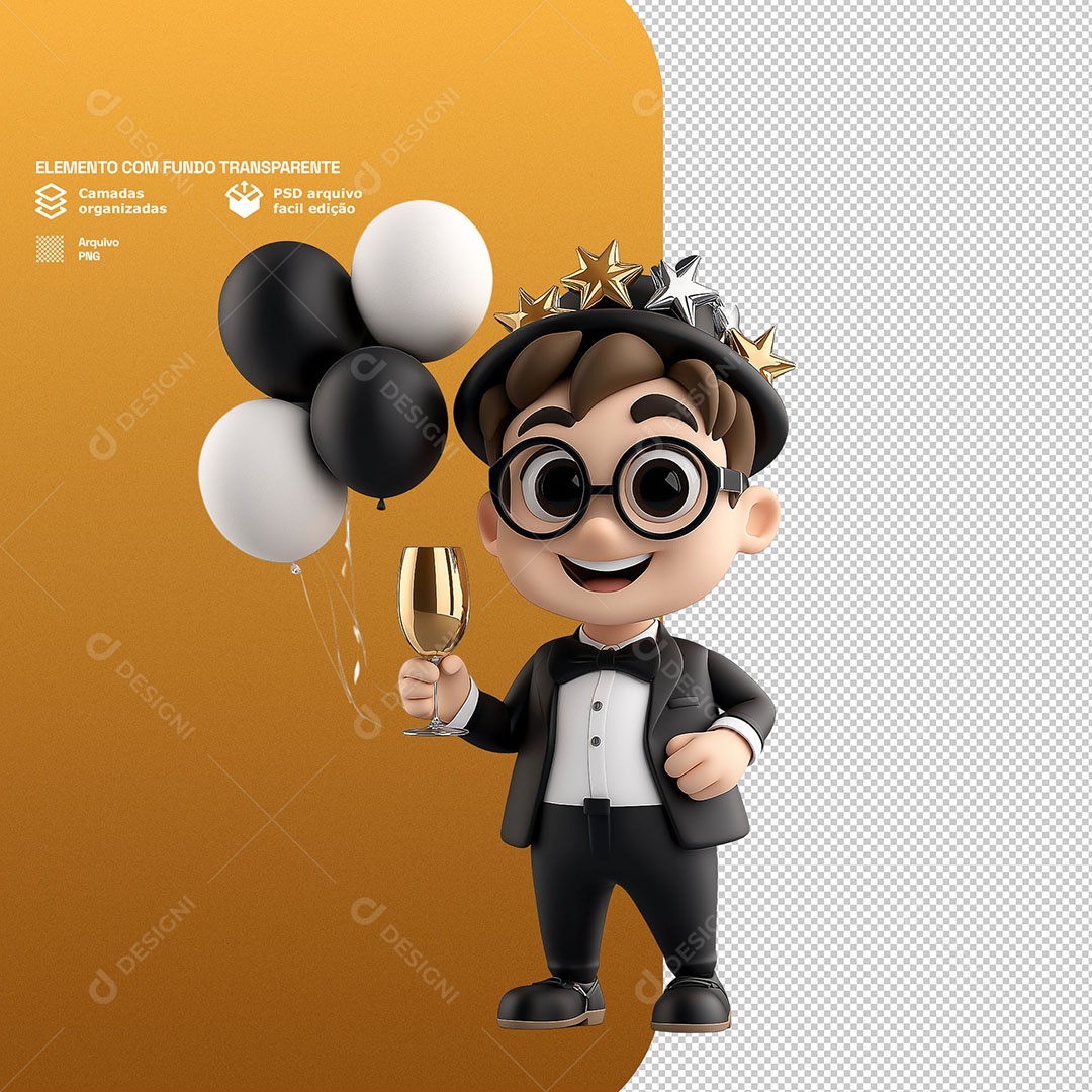 Personagem Feliz Comemorando Ano Novo Elemento 3D Para Composição PSD
