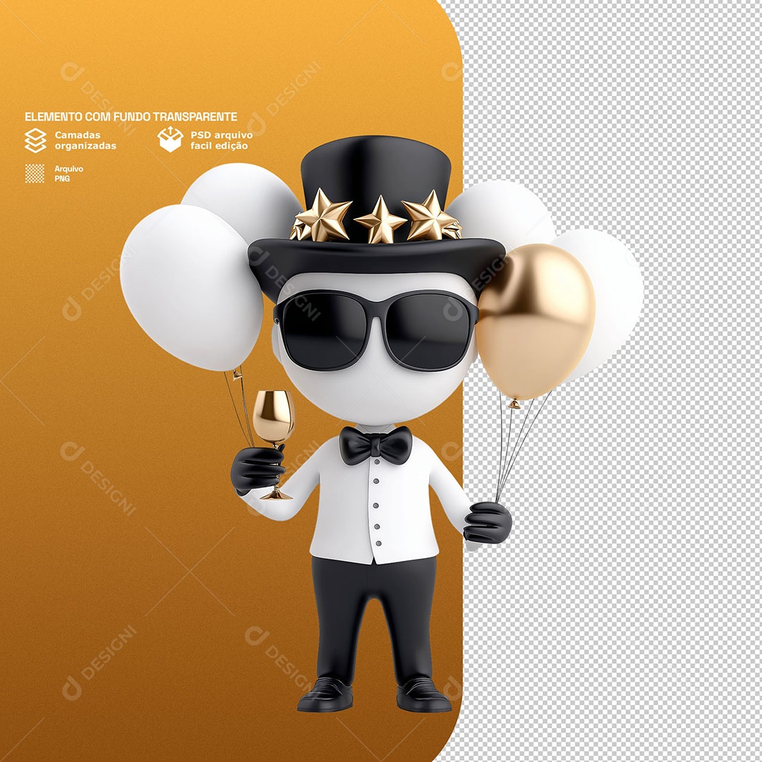 Personagem Feliz Comemorando Ano Novo Elemento 3D Para Composição PSD