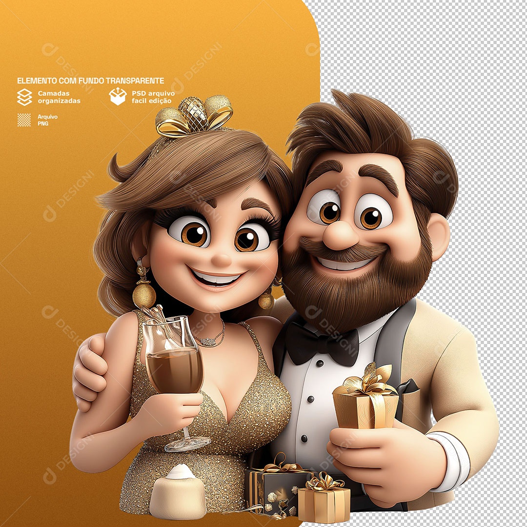 Personagens Casal Felizes Bebendo Champanhe Ano Novo 3D Para Composição PSD