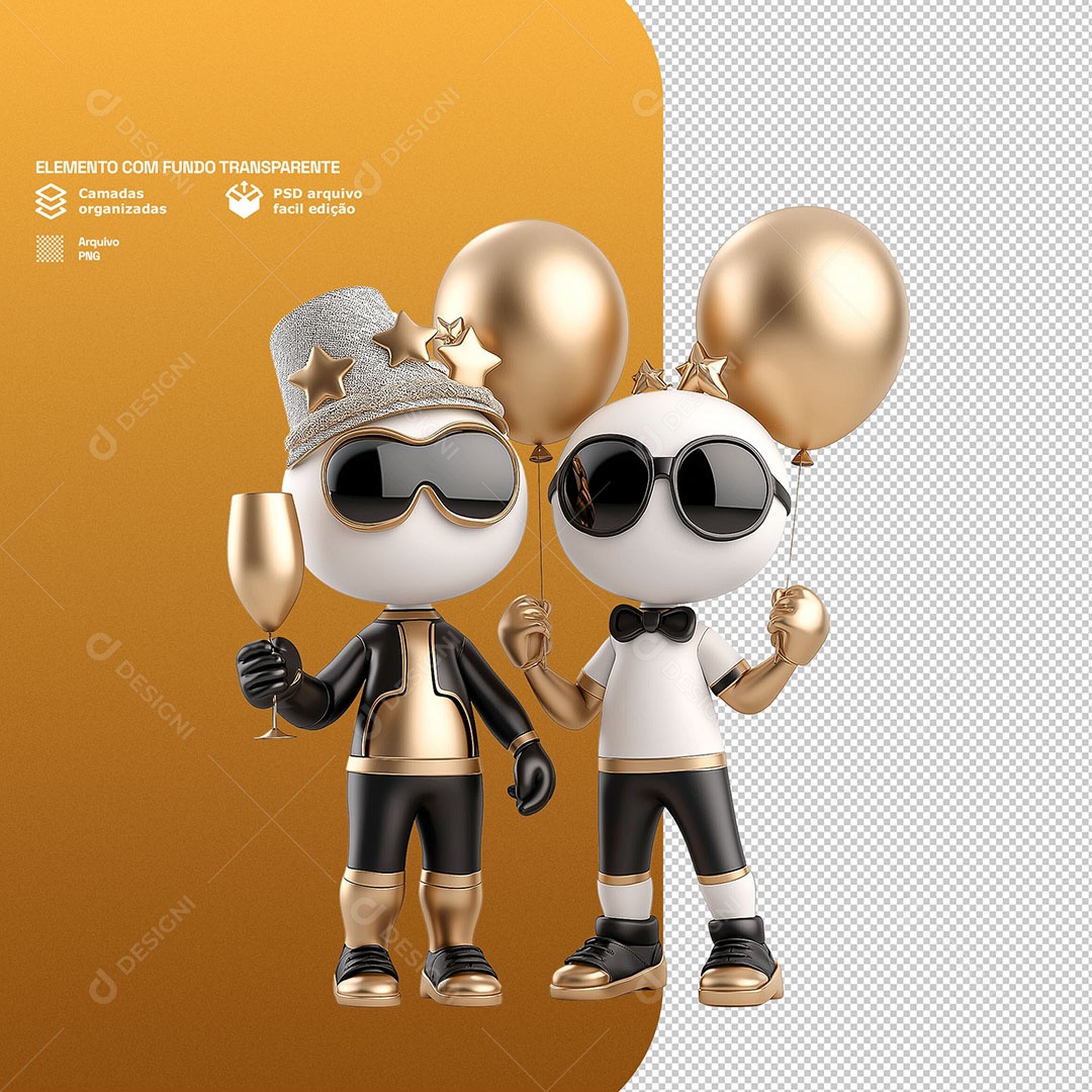 Personagem Feliz Com Balões de Ano Novo 3D Para Composição PSD