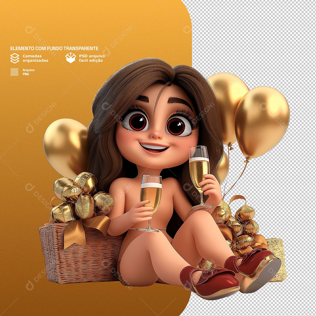 Personagem Feliz Com Balões Ano Novo e Champanhe 3D Para Composição PSD