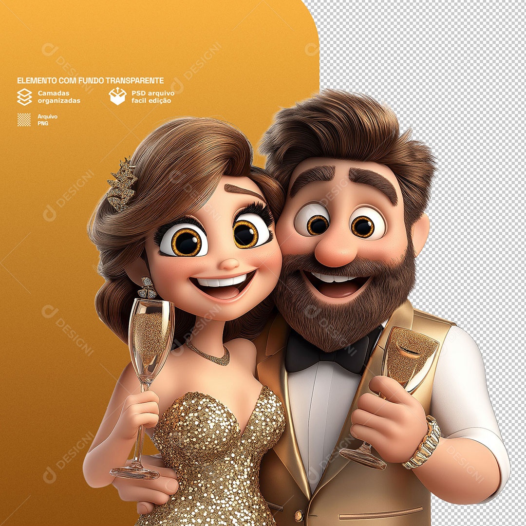 Personagens Casal Felizes Com Balões Ano Novo 3D Para Composição PSD
