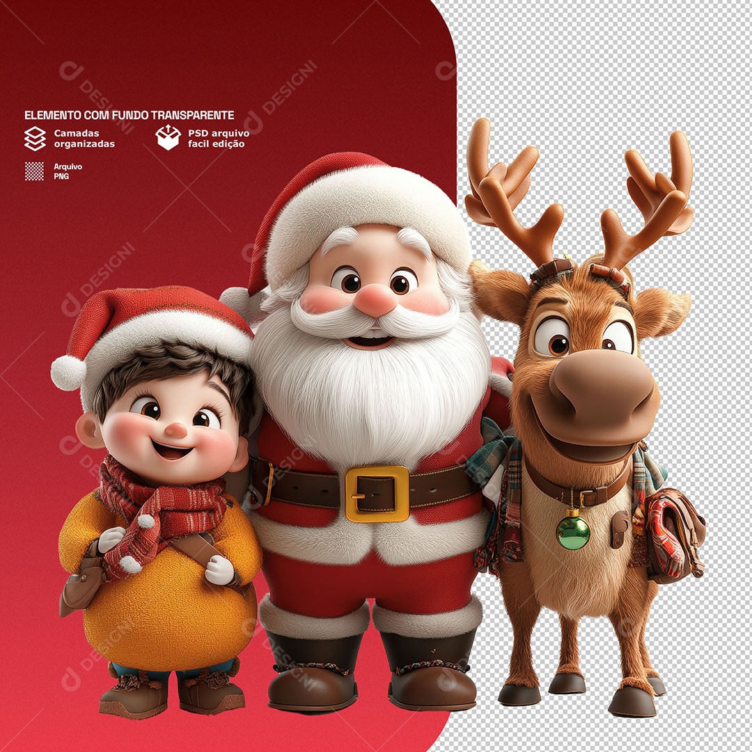 Personagem Papai Noel Criança e Uma Rena Elemento 3D Para Composição PSD