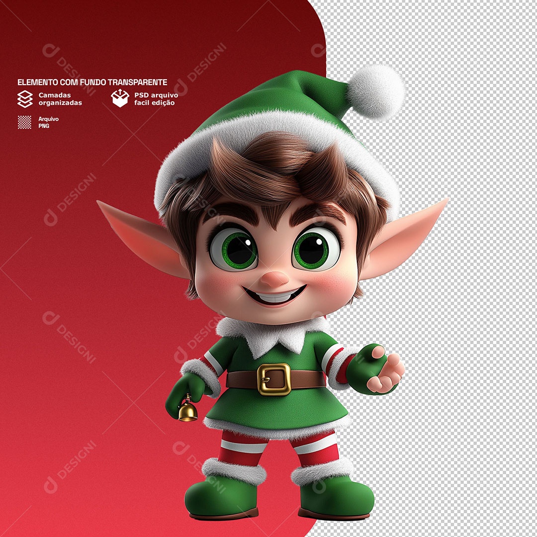 Personagem 3D Duende de Natal Feliz para Composição PSD