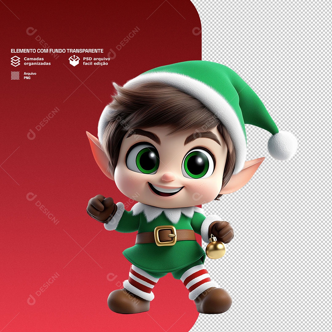 Personagem 3D Duende de Natal Feliz para Composição PSD