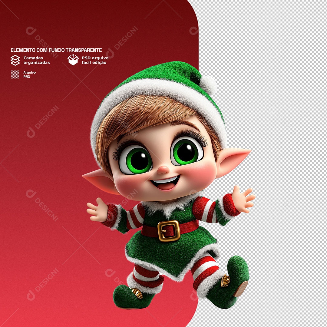 Personagem 3D Duende de Natal Feliz para Composição PSD