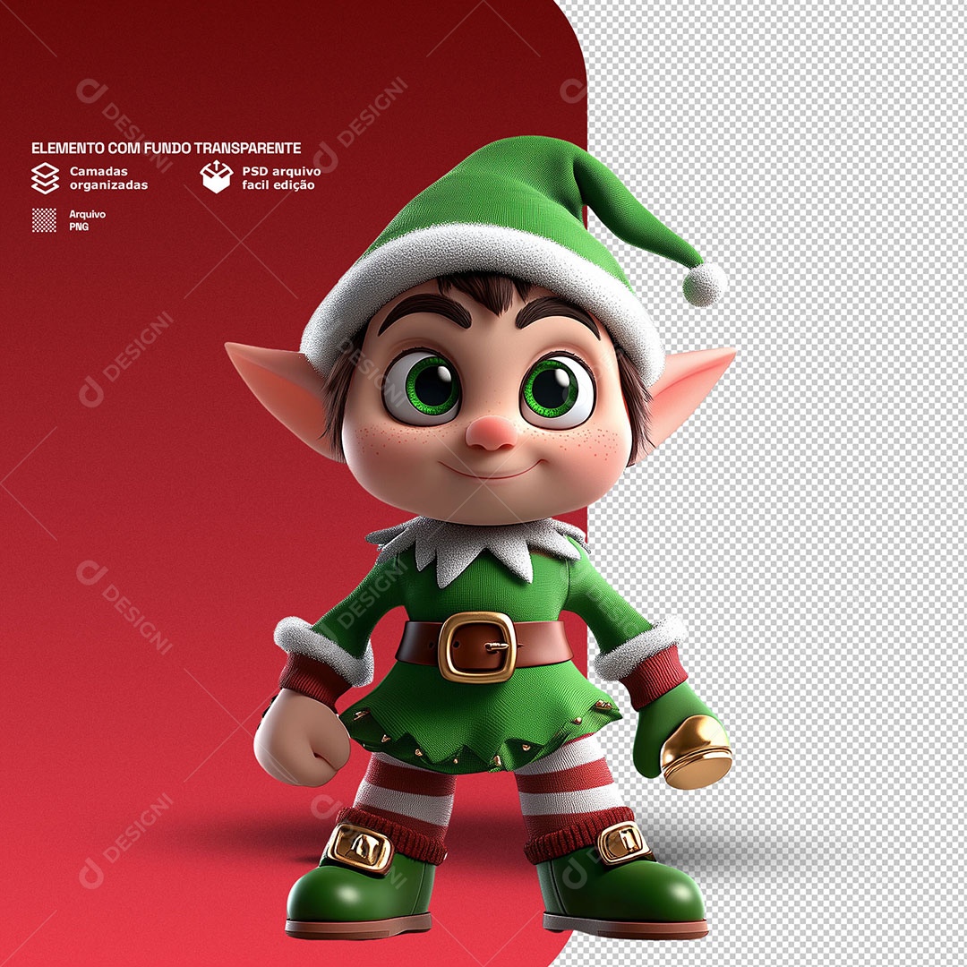 Personagem 3D Duende de Natal Feliz para Composição PSD