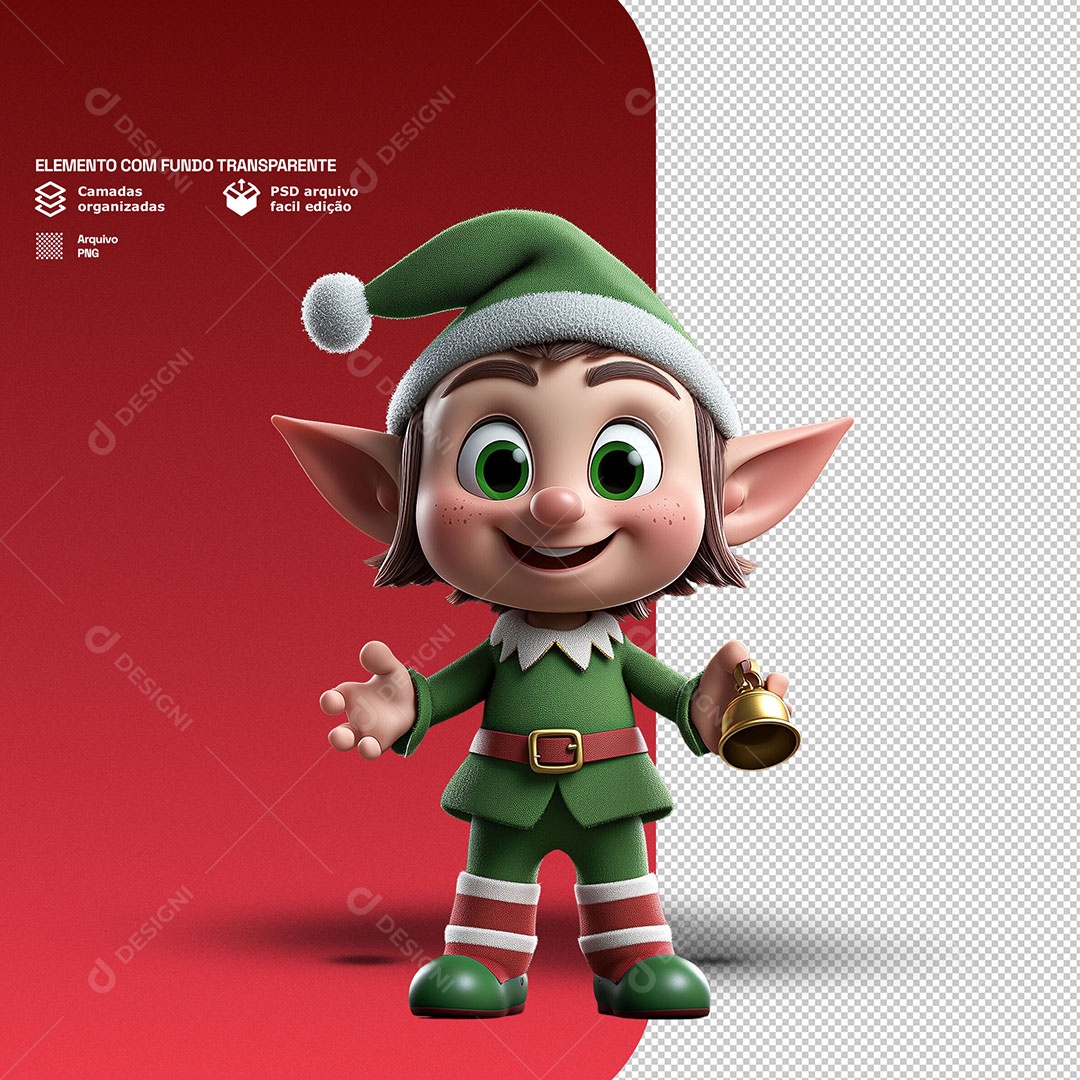 Personagem 3D Duende de Natal Feliz para Composição PSD