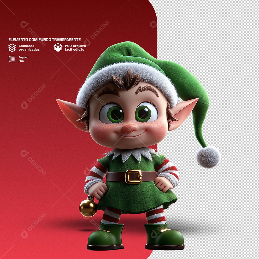 Personagem 3D Duende de Natal Feliz para Composição PSD