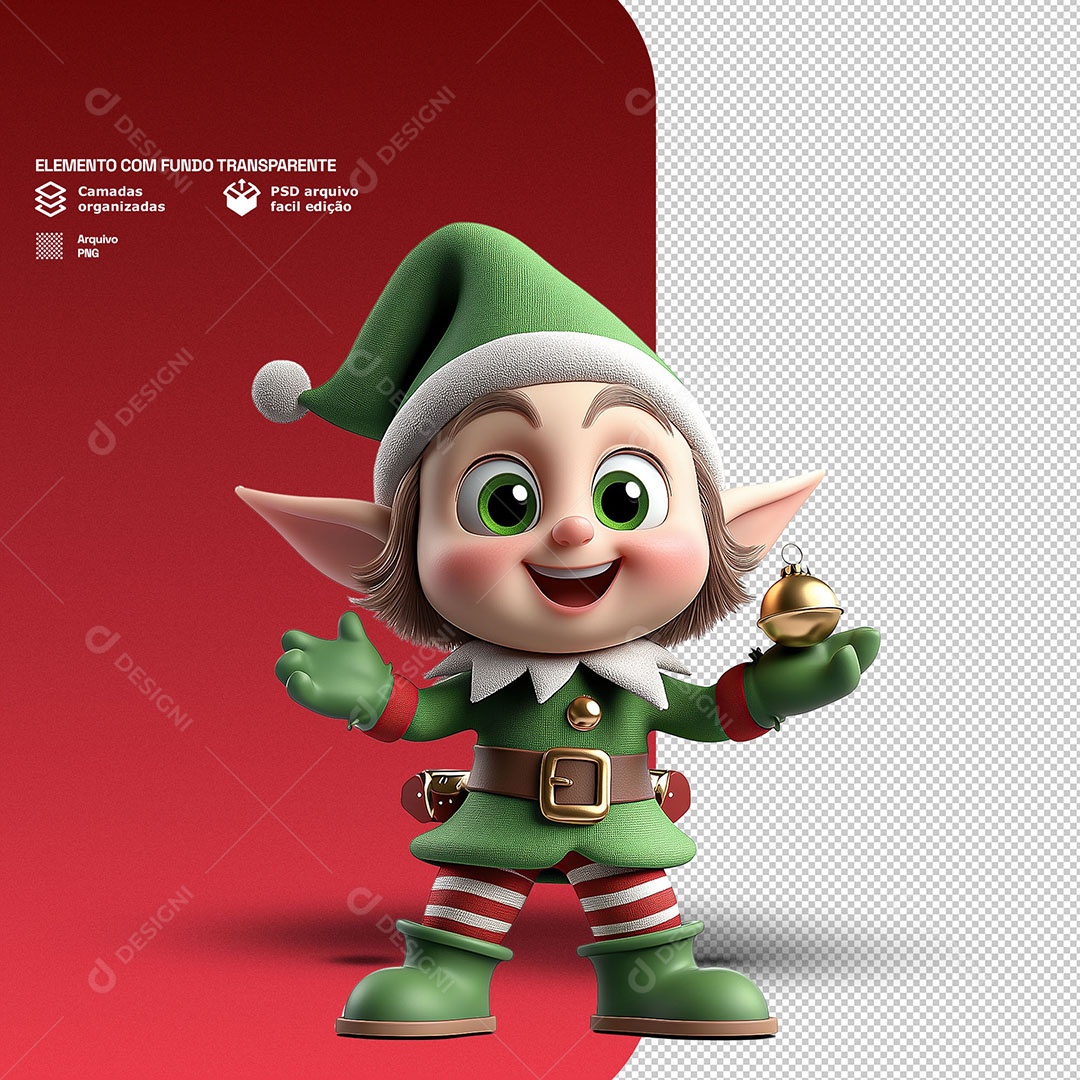 Personagem 3D Duende de Natal Feliz para Composição PSD