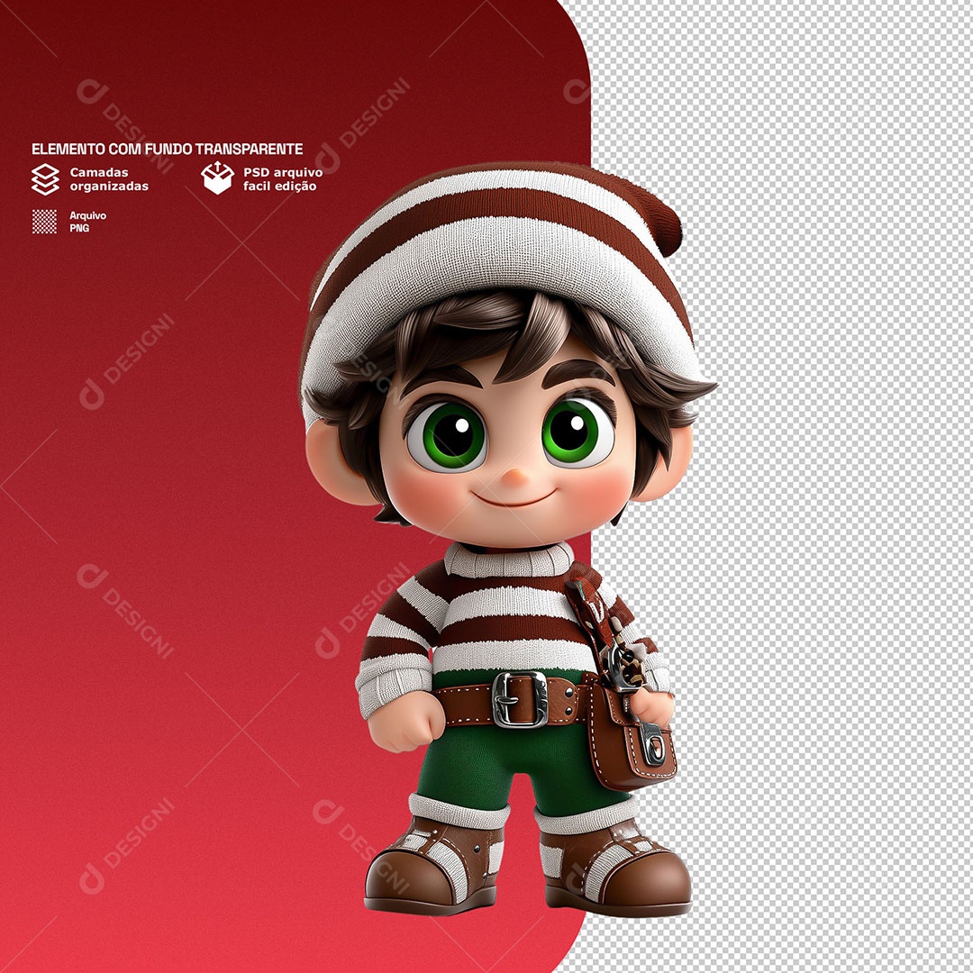 Personagem 3D Duende de Natal Feliz para Composição PSD