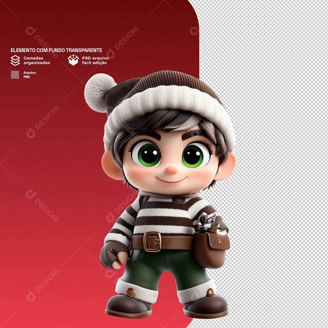 Personagem 3D Duende de Natal Feliz para Composição PSD