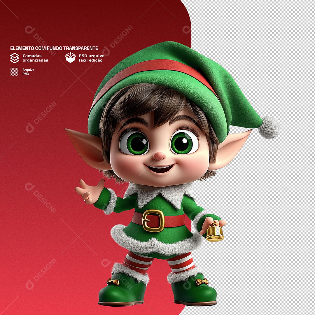 Personagem 3D Duende de Natal Feliz para Composição PSD