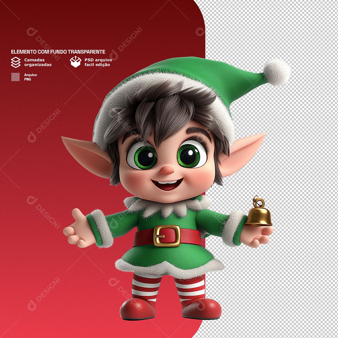 Personagem 3D Duende de Natal Feliz para Composição PSD