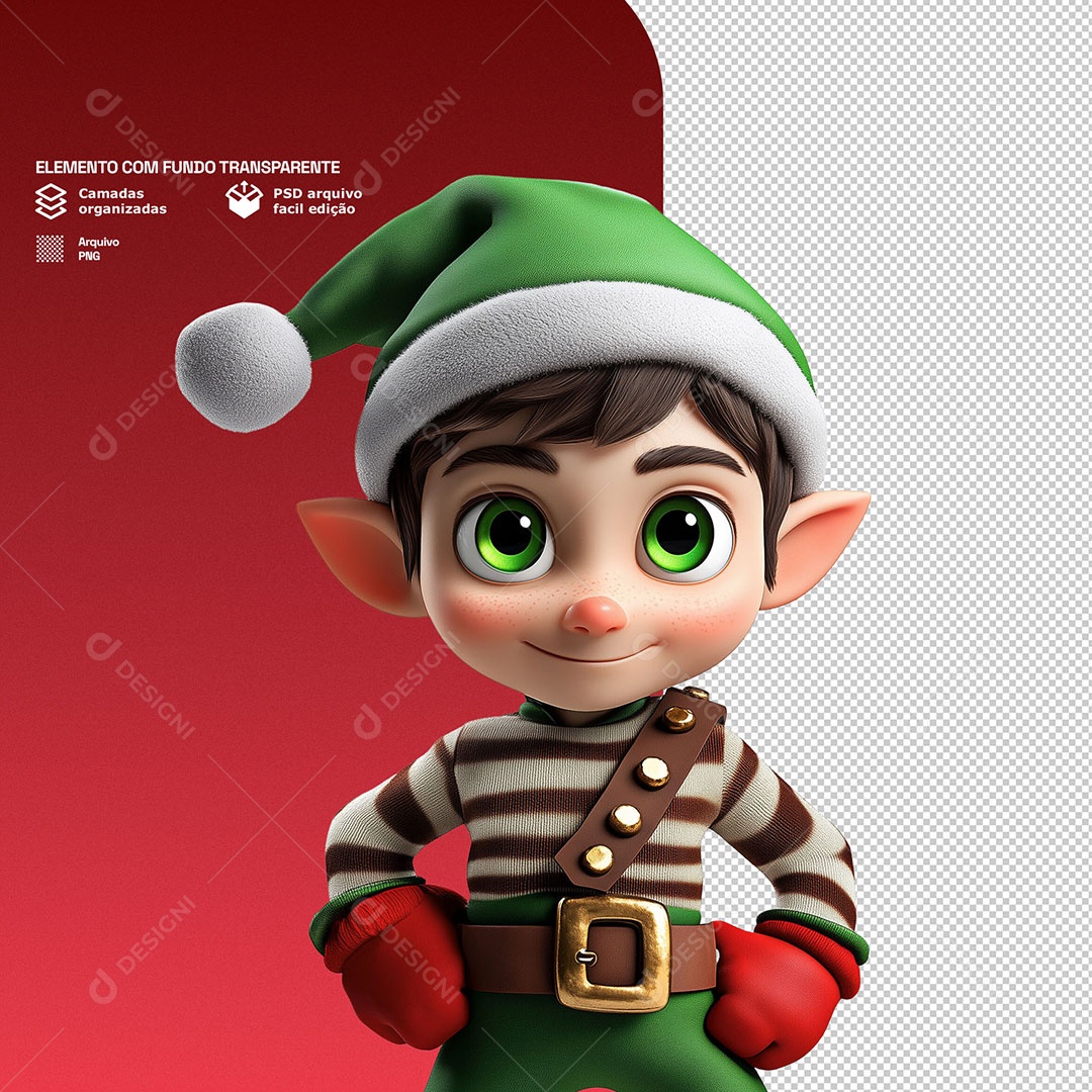 Personagem 3D Duende de Natal Feliz para Composição PSD